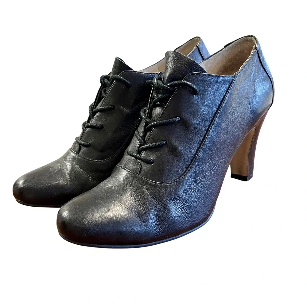 J Jill Black Leather Lace Up Shoes 8 Heels Oxford Whimsygoth Witchy Academia Y2k